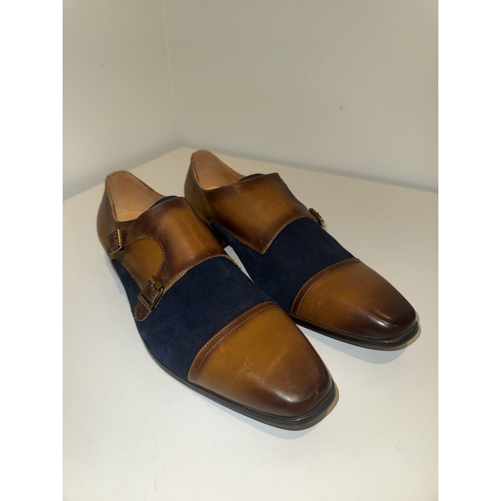 Carrucci Men's 13 Wingtip Double Monk Strap Shoes Two Tone Navy Brown Leather - Picture 3 of 10